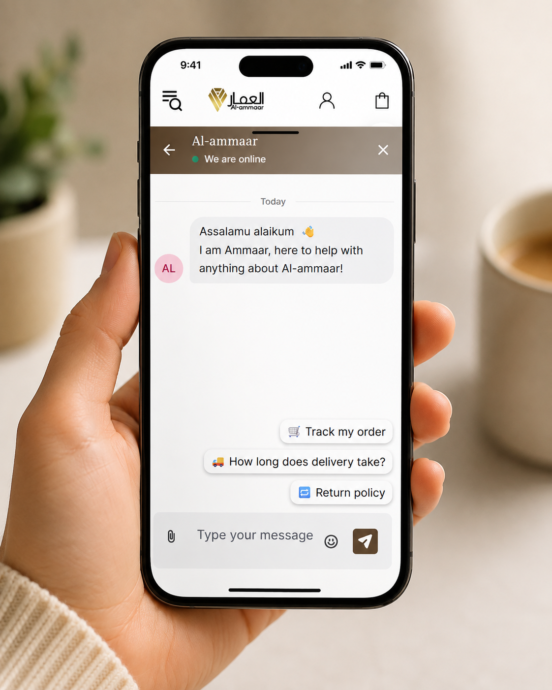 Al-Ammaar AI-assisted customer chat on a phone