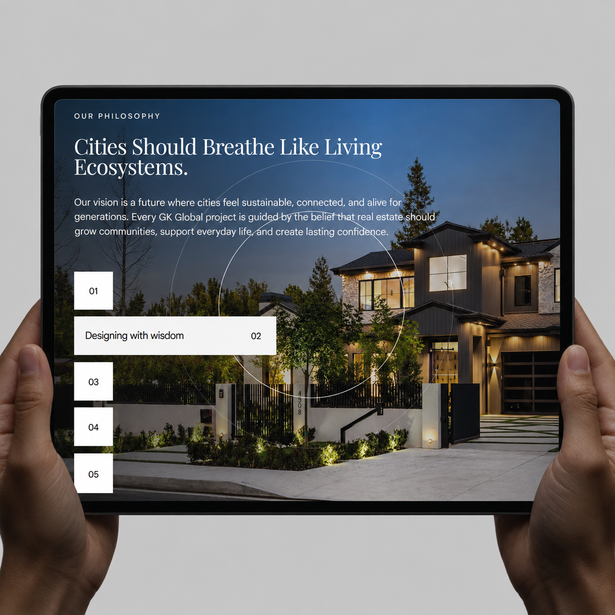 GK Global Ventures philosophy and design principles on a tablet