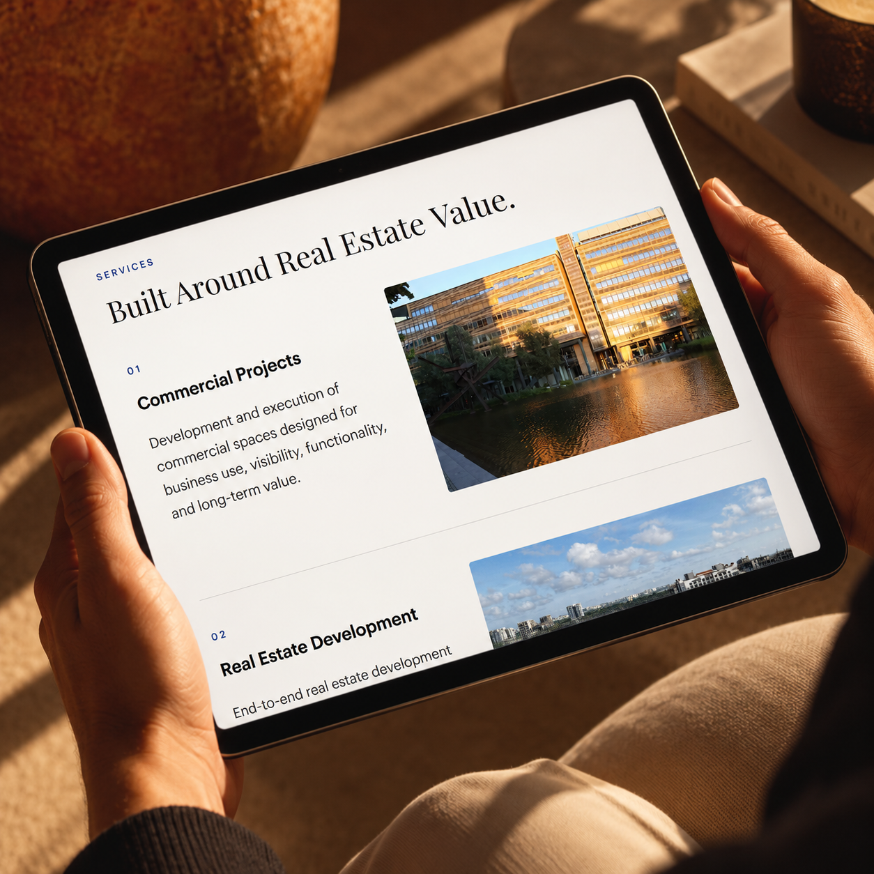 GK Global Ventures real-estate services page on a tablet