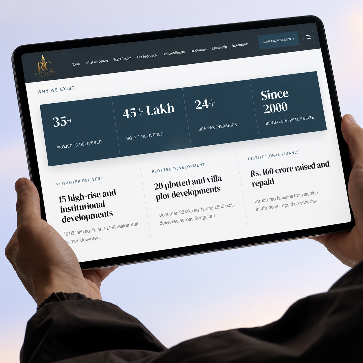 RCLifespaces delivery track record and development statistics on tablet