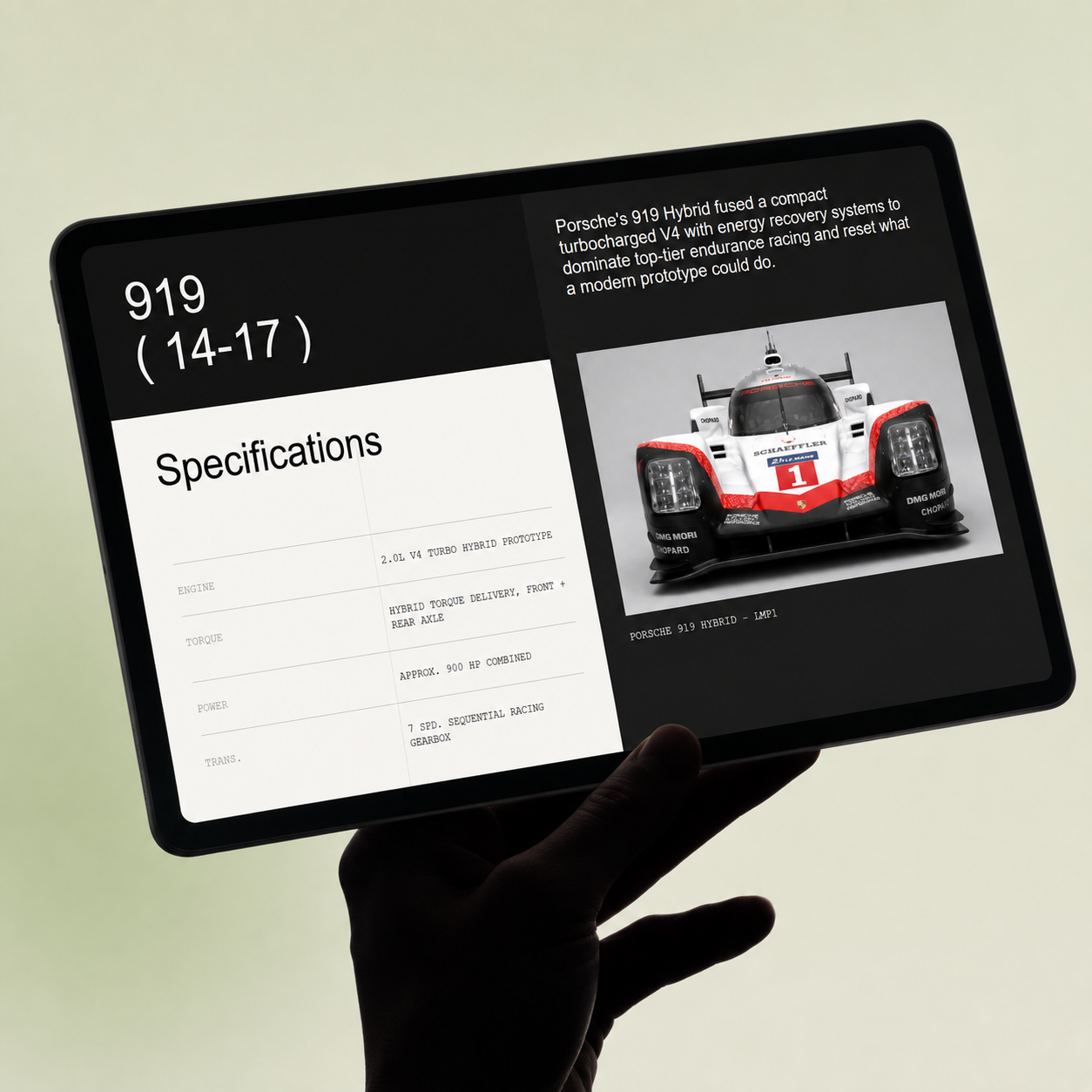 Track Borne Porsche 919 Hybrid specification experience on a tablet